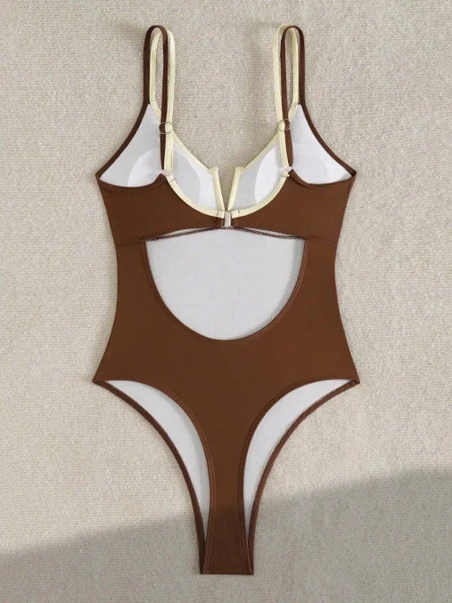 Brown and white cutout one-piece swimsuit with adjustable straps, women's beachwear fashion