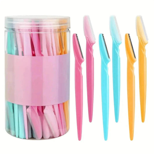 Pastel-colored eyebrow razors in clear jar, beauty grooming tools for women's fashion