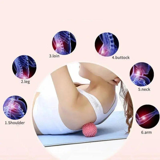 Woman using pink spiky massage ball for shoulder, back, and neck pain relief