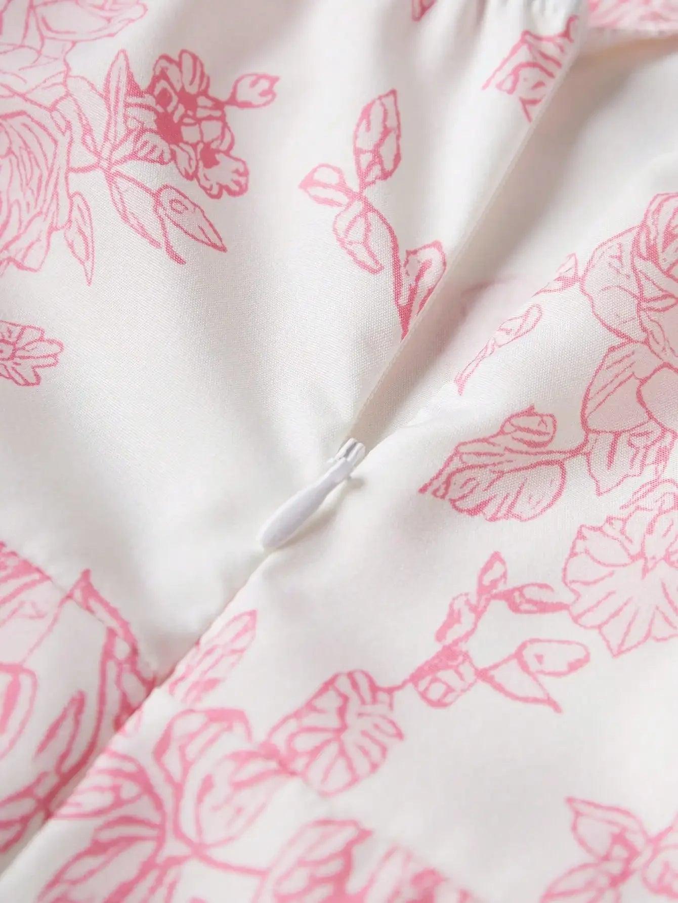 White dress with pink floral print and zipper detail, women's fashion