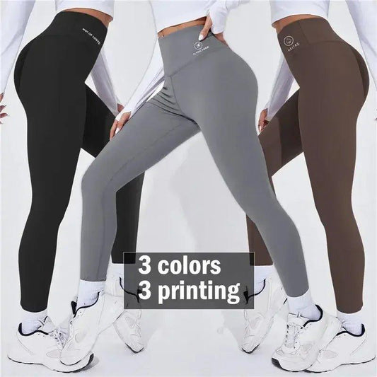 Women's high-waist leggings in 3 colors with printed logos, perfect for fitness and fashion