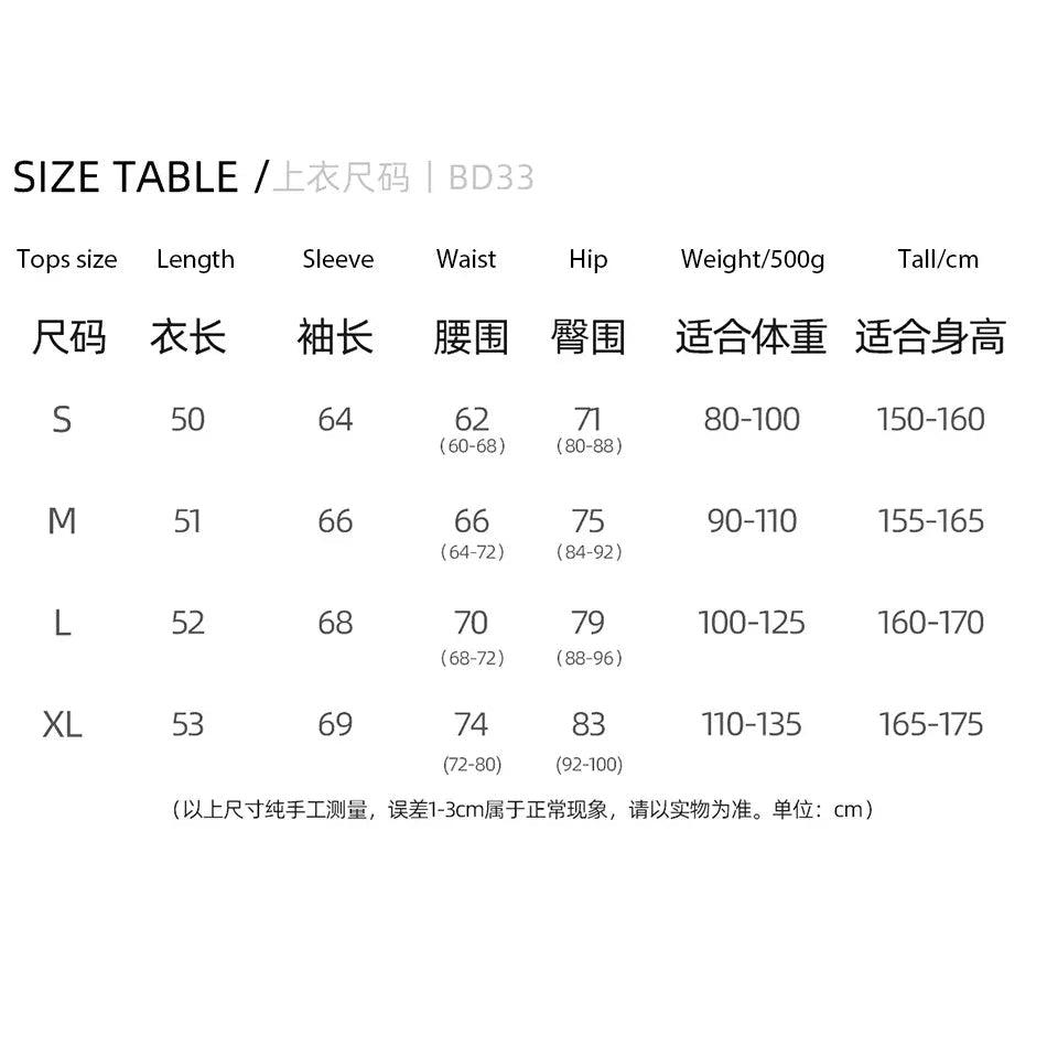Women's tops size chart with measurements for S, M, L, XL — length, sleeve, waist, hip, weight, height