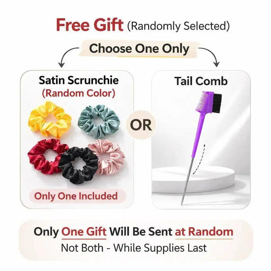 Free gift choice: satin scrunchie or tail comb, random selection while supplies last