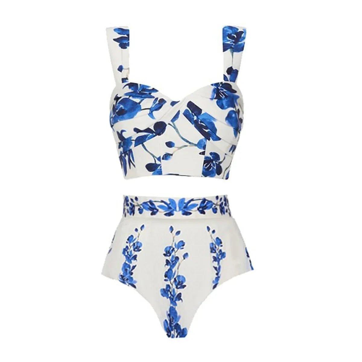 Blue floral print two-piece swimsuit with high-waisted bottoms and supportive top for women's fashion