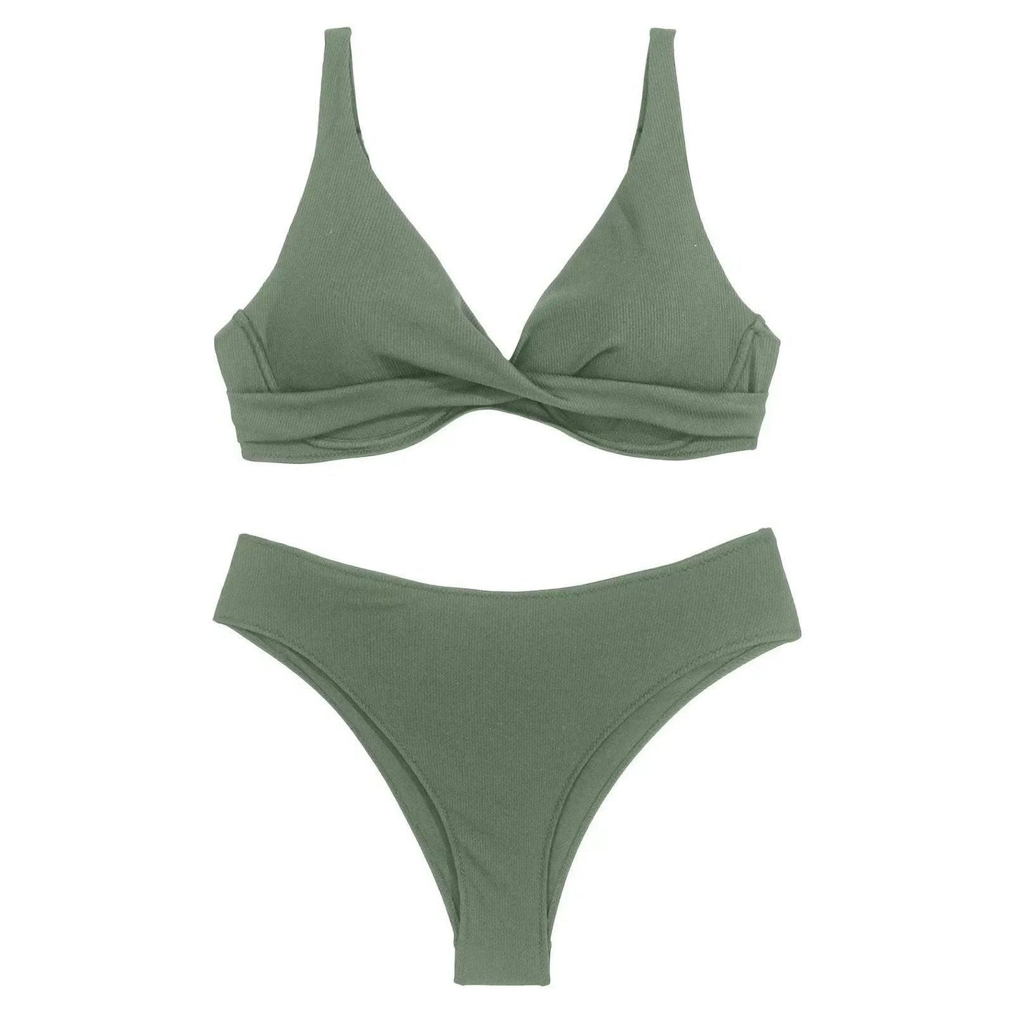 Olive green ribbed bikini set with twist front top and high-cut bottoms, women's fashion swimwear