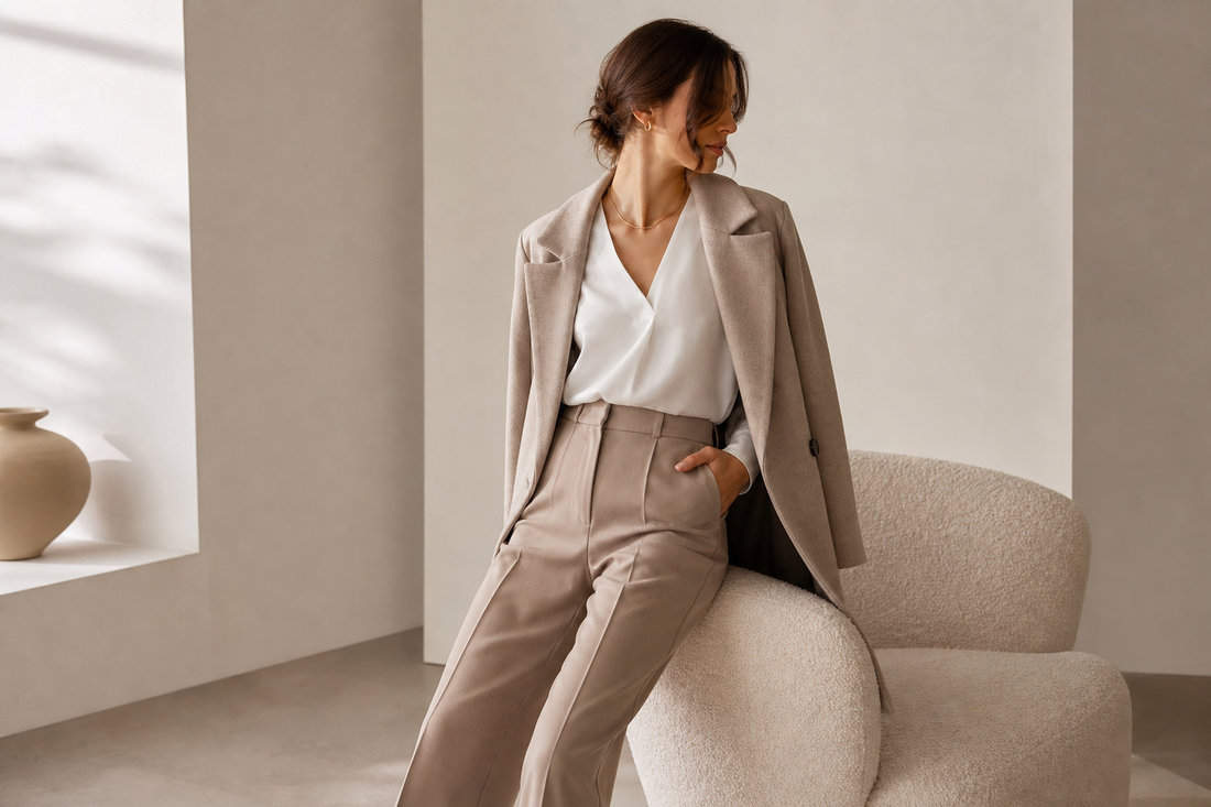 Woman wearing a neutral blouse, tailored trousers, and a structured layer in a softly lit studio