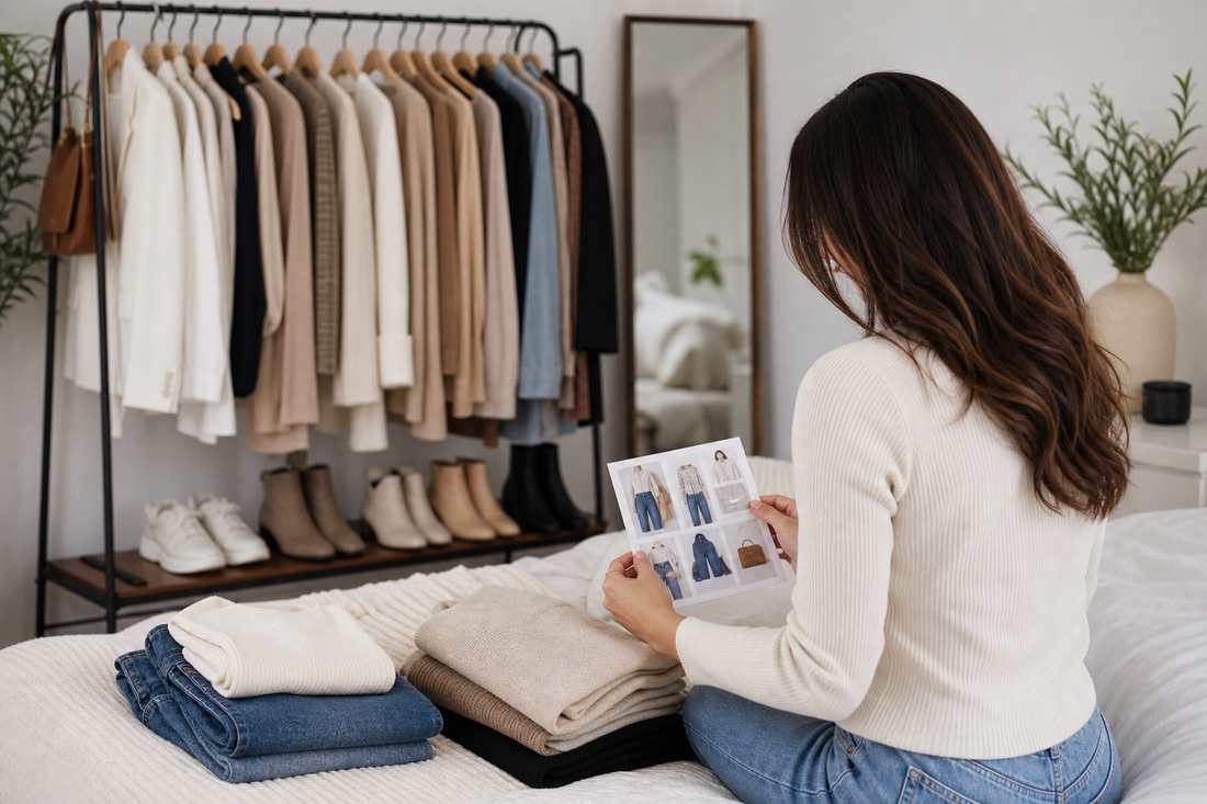A person organizing a clothing rack and folded clothes while planning outfits in a bright room