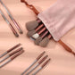 Rose gold makeup brushes with velvet pouch, perfect for women's beauty and fashion routines