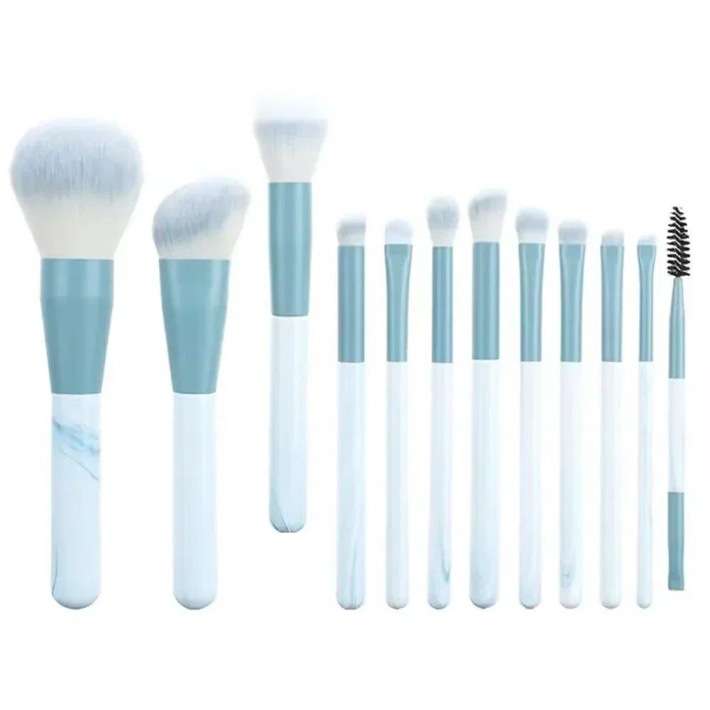Set of 12 makeup brushes with marble handles, perfect for women's beauty and fashion routines