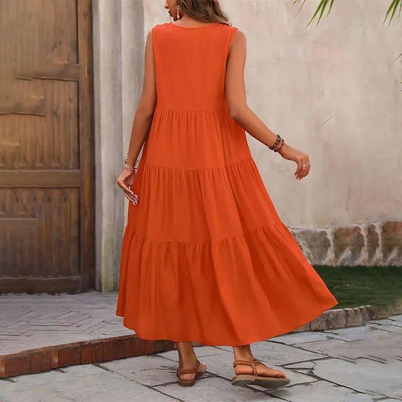 Orange tiered sleeveless maxi dress for women, perfect for summer fashion and casual outings