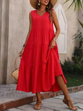 Red sleeveless tiered maxi dress with V-neck, perfect for summer fashion and beach outings