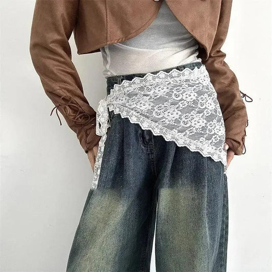 White lace waist wrap over wide-leg jeans with brown cropped jacket, women's fashion