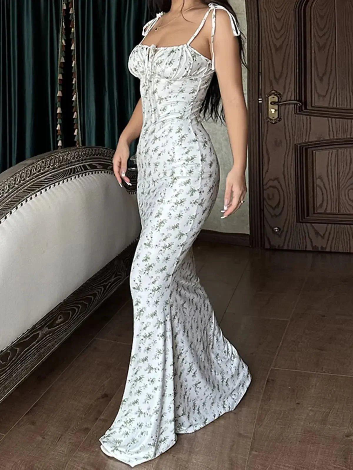 White floral maxi dress with tie straps, elegant women's fashion for special occasions