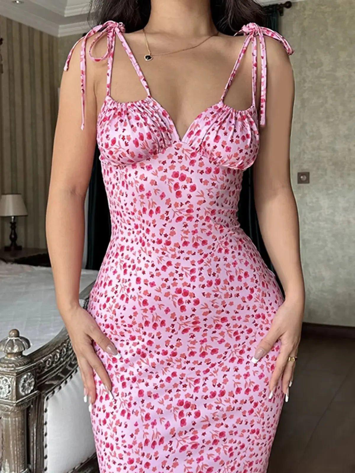 Pink floral dress with tie straps, women's fashion, bodycon style, summer outfit