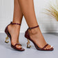 Burgundy patent leather heels with gold treble clef heels, ankle strap, square toe for women's fashion