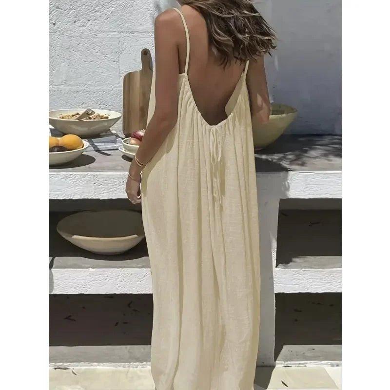 Cream backless spaghetti strap maxi dress for women, summer boho fashion