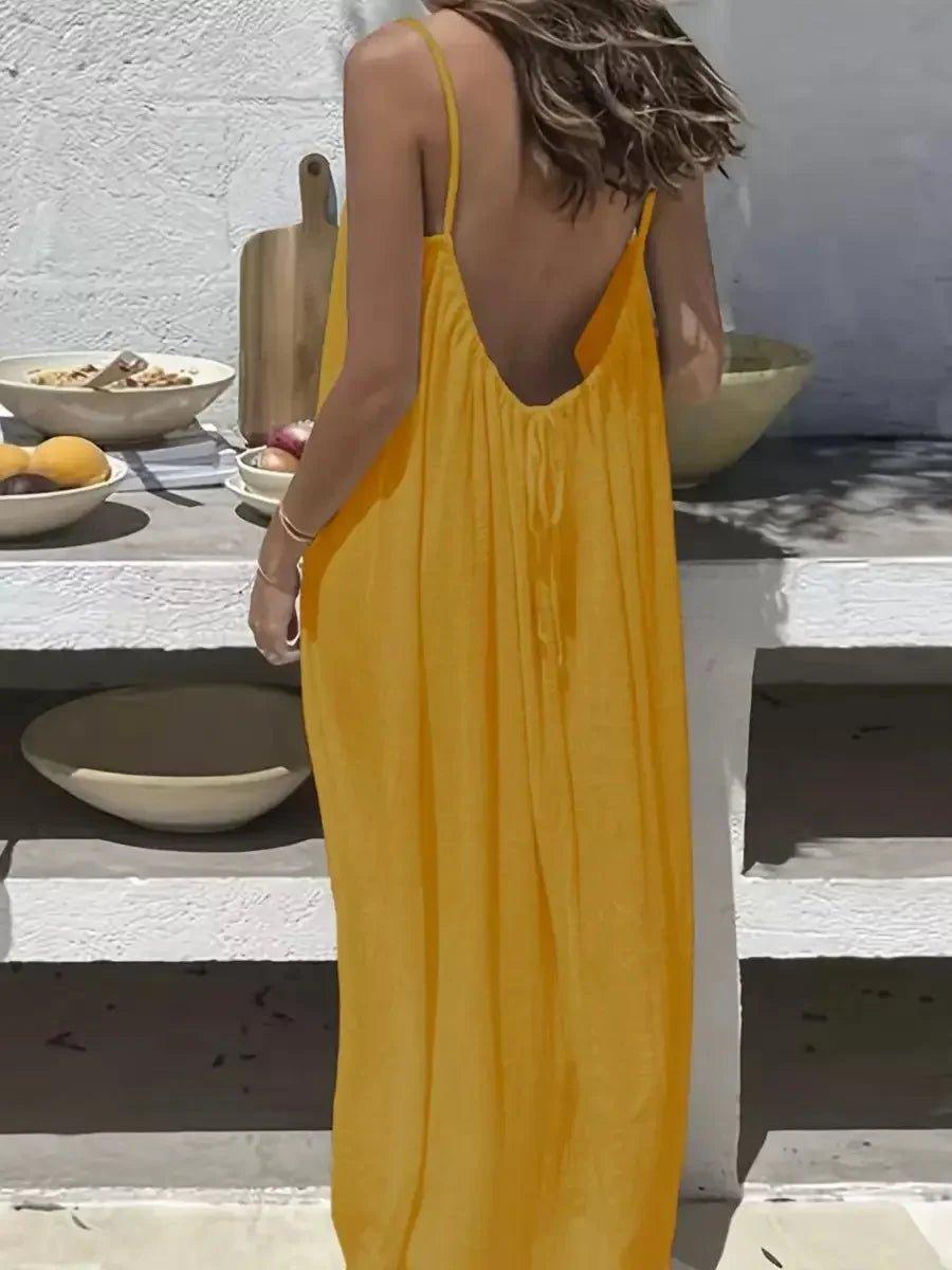 Yellow backless maxi dress for women, summer fashion, beach style, casual wear