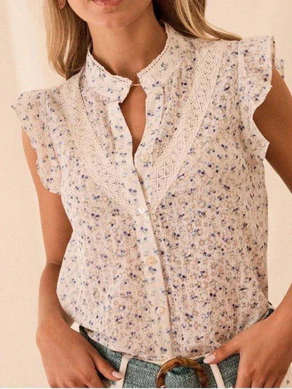 Floral print women's blouse with lace trim and ruffle sleeves, perfect for spring fashion