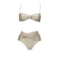 Beige two-piece bikini with floral knot detail, high-waisted bottoms, and spaghetti straps for women's fashion.