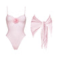 Pink polka dot one-piece swimsuit with flower detail and matching bow cover-up, women's fashion
