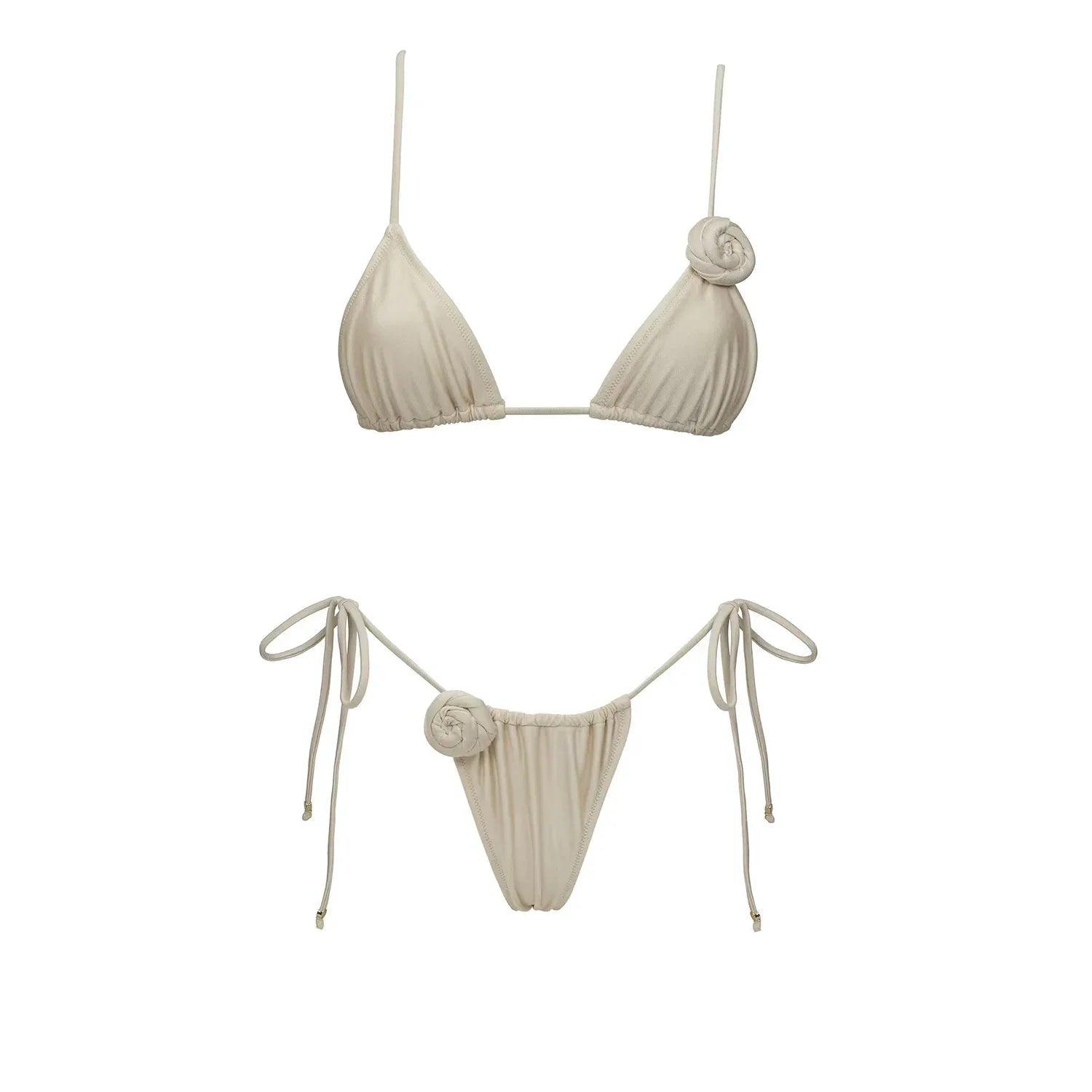 Cream floral bikini set with rose detail, women's beachwear fashion