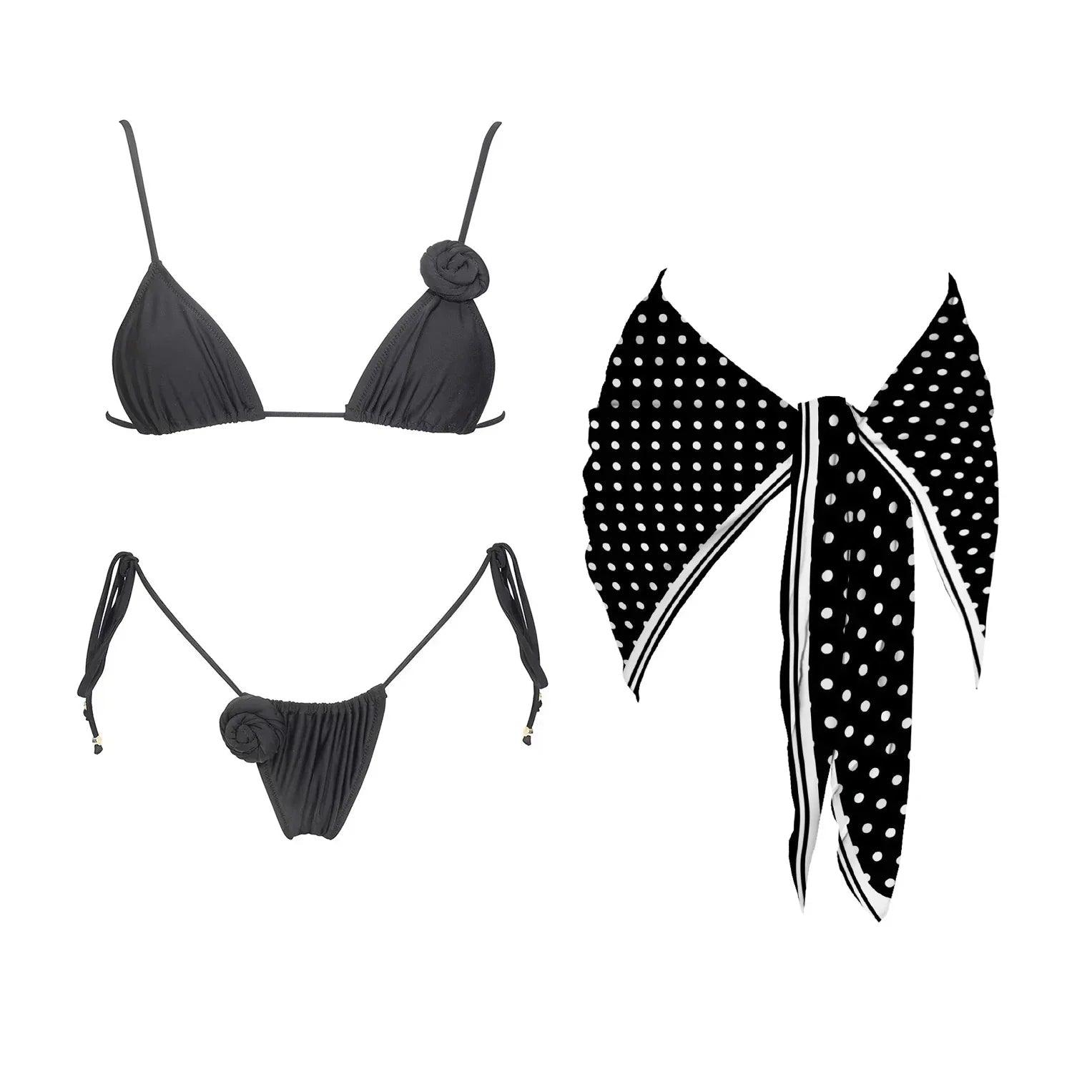 Black floral bikini set with polka dot sarong, women's swimwear fashion