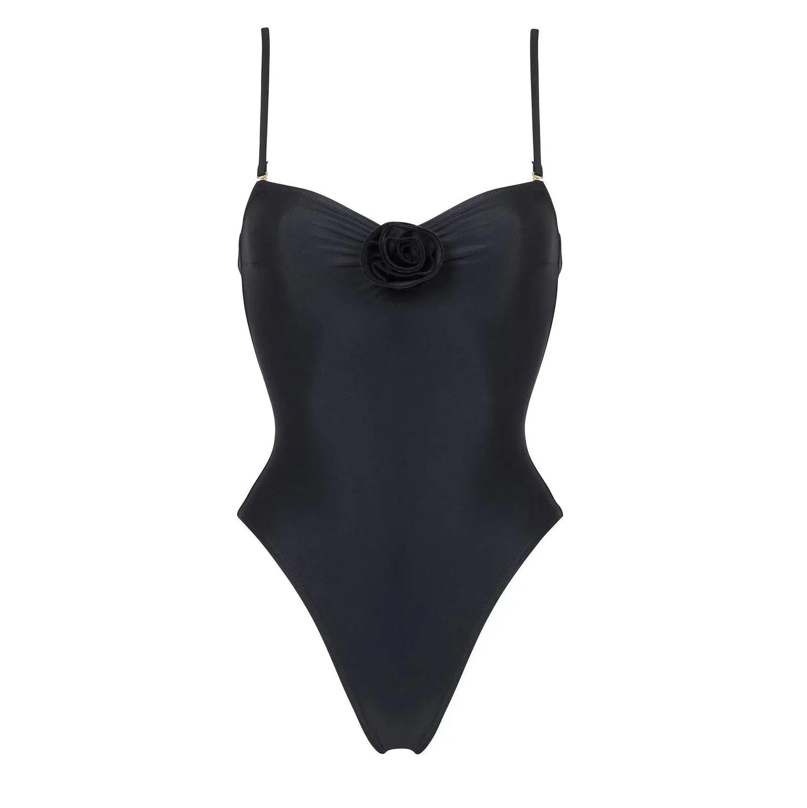 Black one-piece swimsuit with floral detail, elegant women's fashion swimwear