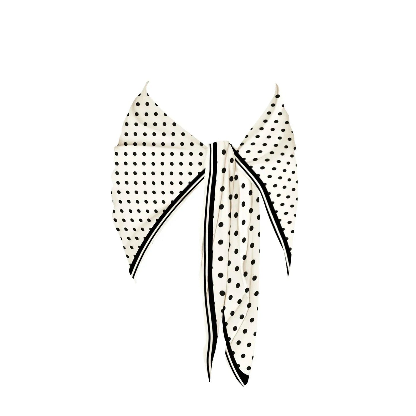 Black and white polka dot scarf with striped edges, stylish women's fashion accessory