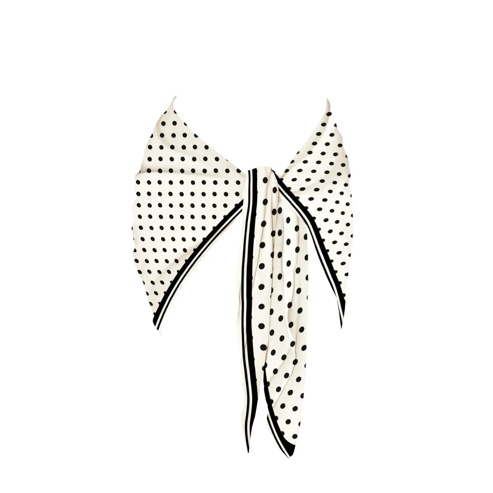 Black and white polka dot scarf with striped edges, stylish women's fashion accessory