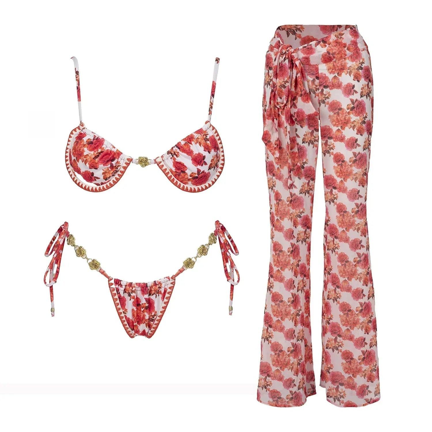 Floral print bikini set with matching wide-leg pants, women's fashion