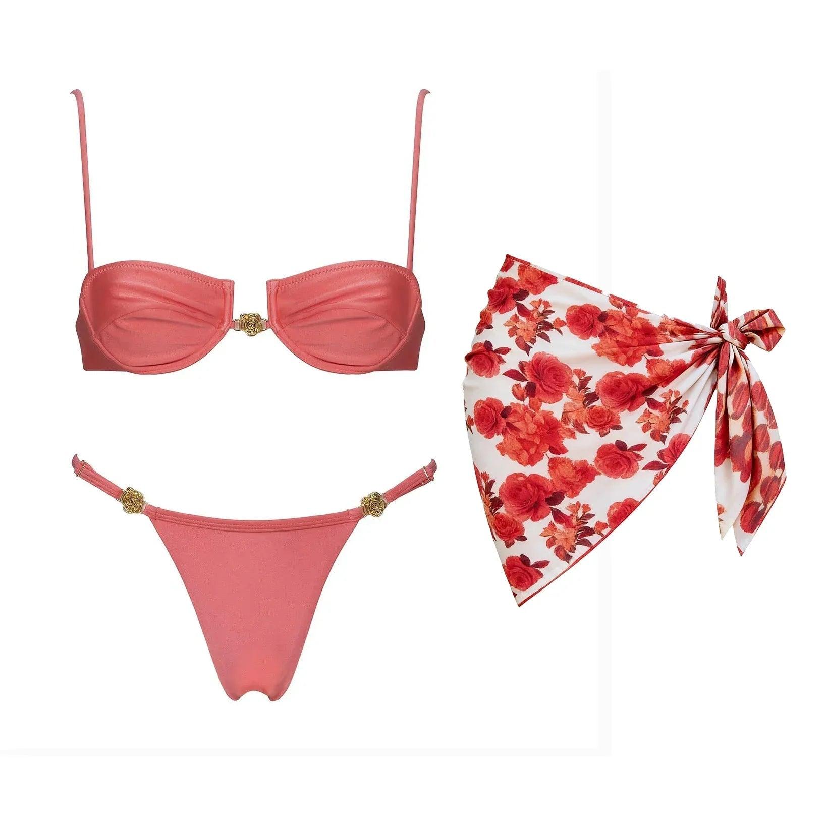 Pink bikini set with gold rose details and floral sarong wrap, women's beachwear fashion
