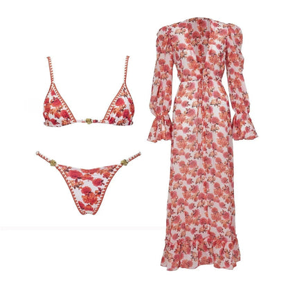 Floral bikini set with matching long-sleeve cover-up dress, women's fashion swimwear
