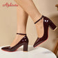 Burgundy patent leather pumps with ankle strap and block heel for women's fashion