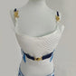 White quilted bustier top with gold hardware and navy blue straps, women's fashion