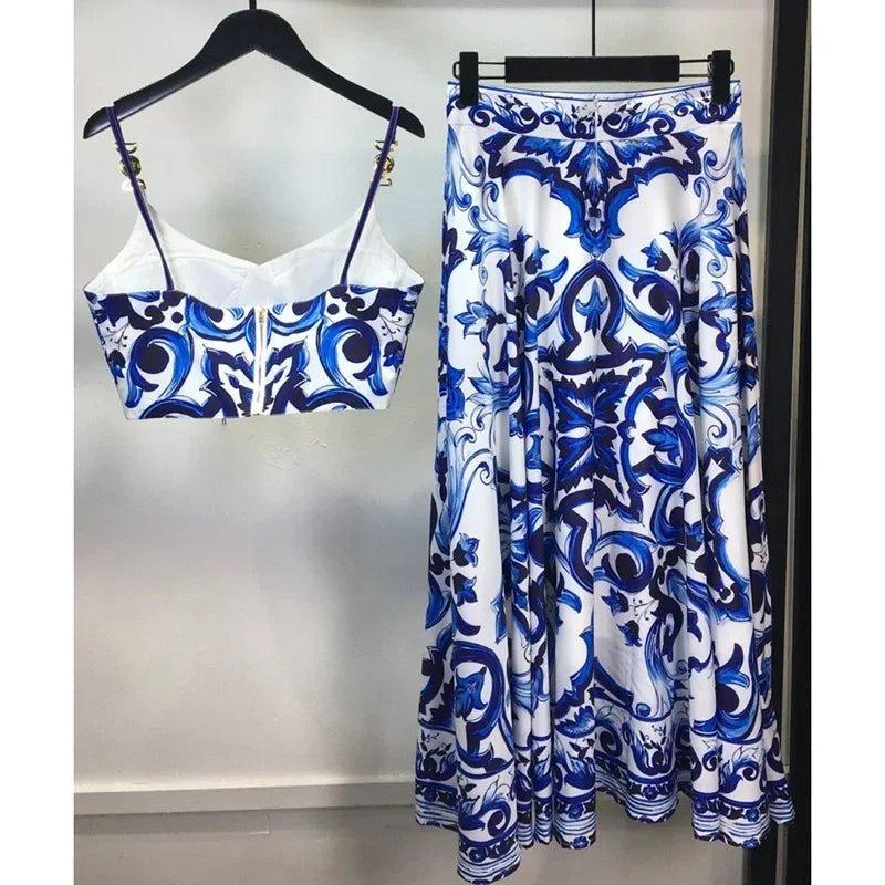 Blue and white floral print women's two-piece set with crop top and maxi skirt