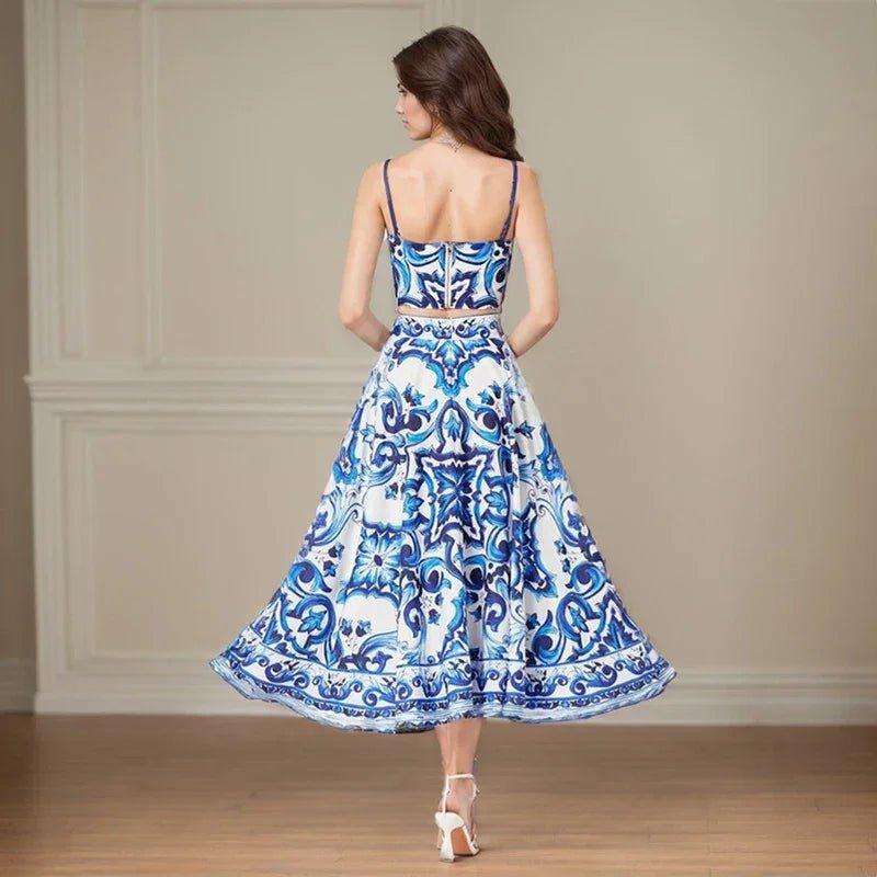Blue and white patterned two-piece women's fashion dress with flared skirt and open back