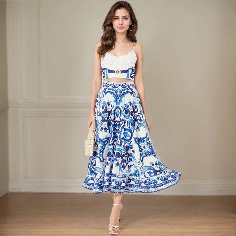 Blue and white patterned midi skirt with matching crop top, women's fashion outfit
