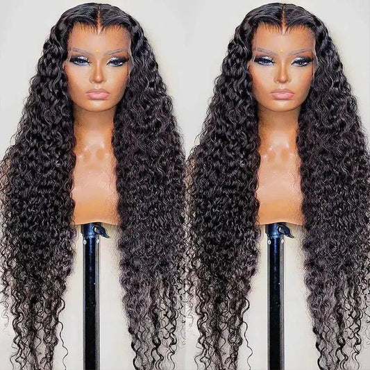 Long curly black lace front wig on mannequin, women's fashion hairpiece