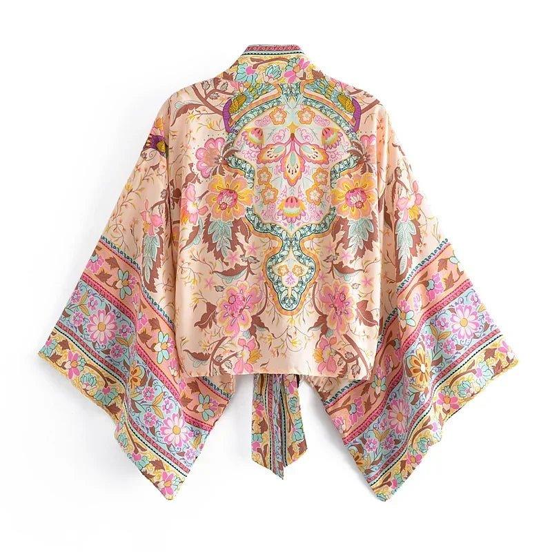Floral print kimono jacket with boho design, women's fashion top