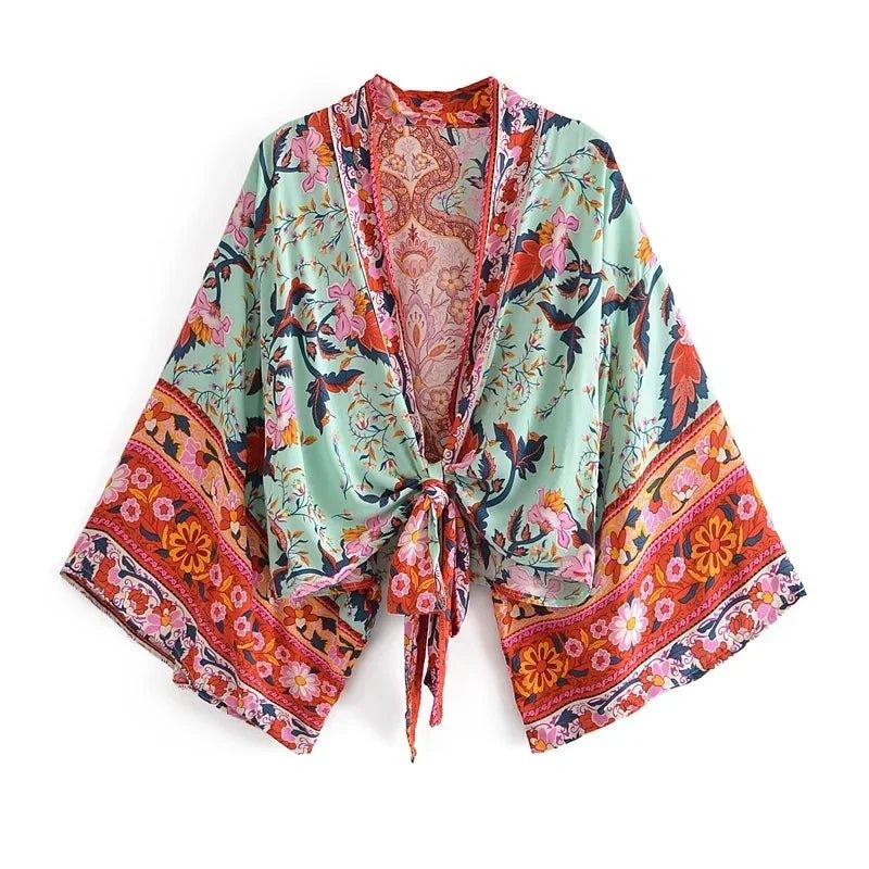 Boho floral kimono with tie-front, vibrant print, lightweight women's fashion top