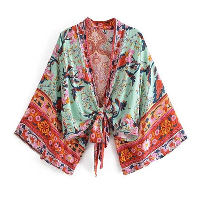 Boho floral kimono with tie-front, vibrant print, lightweight women's fashion top