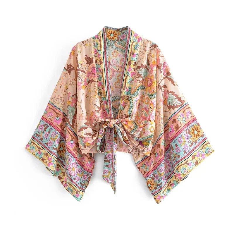 Floral print kimono wrap with tie front, boho women's fashion top
