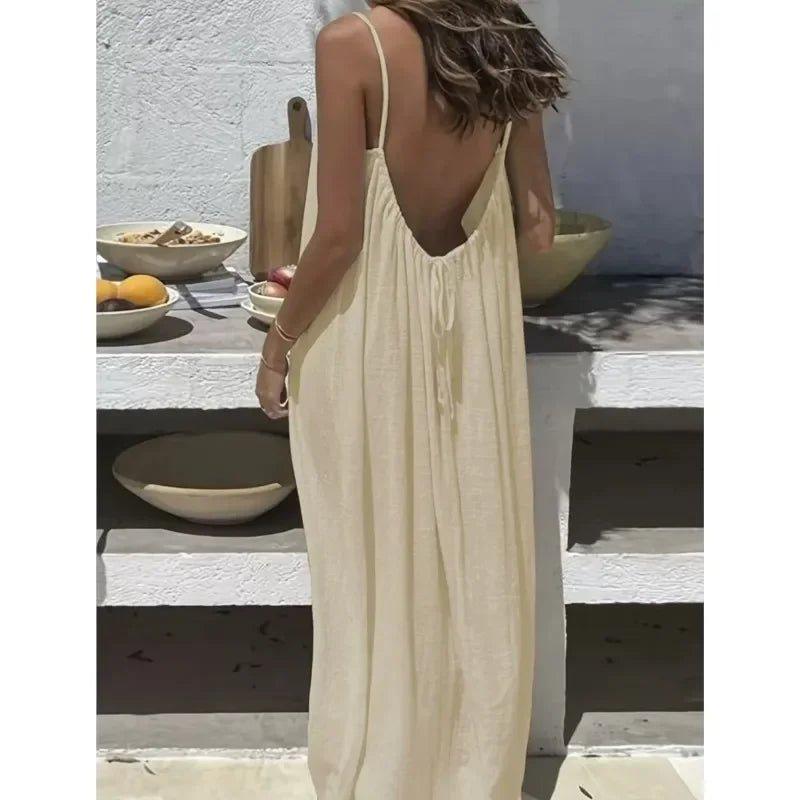 Cream backless maxi dress for women, summer fashion, beach style, lightweight fabric, open back design
