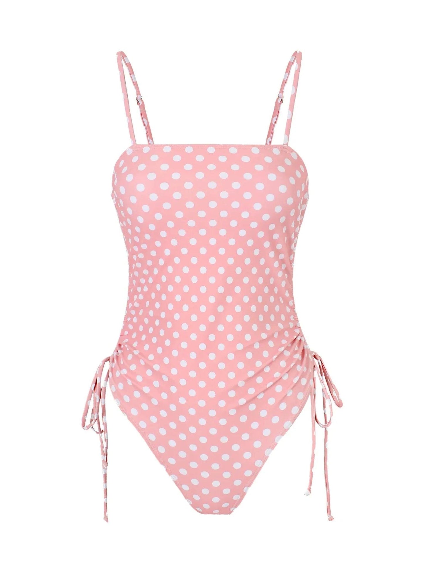 Pink polka dot one-piece swimsuit with side ties and thin straps for women's beach fashion