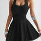 Black ribbed tank top with flared mini skirt, women's fashion dress with gold jewelry
