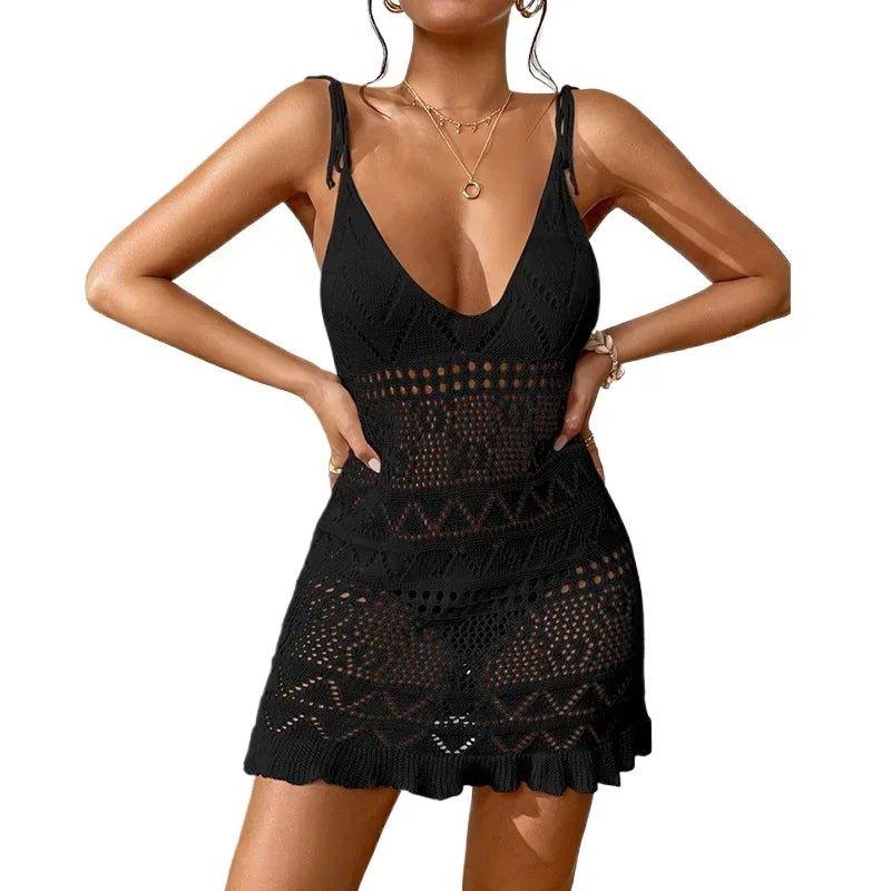Black crochet beach cover-up dress with deep V-neck and ruffle hem for women's summer fashion