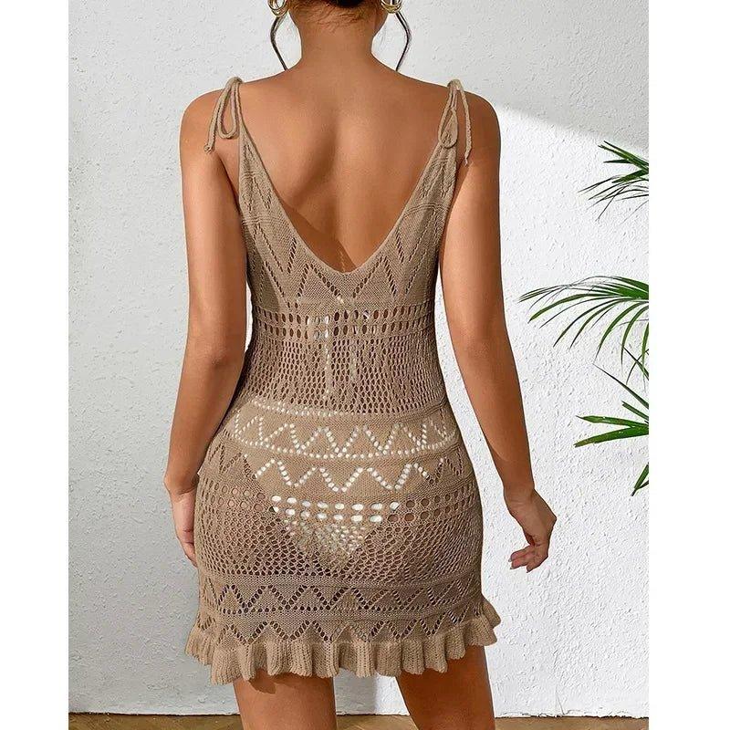 Beige crochet mini dress with open back, ruffle hem, and adjustable straps for women’s summer fashion