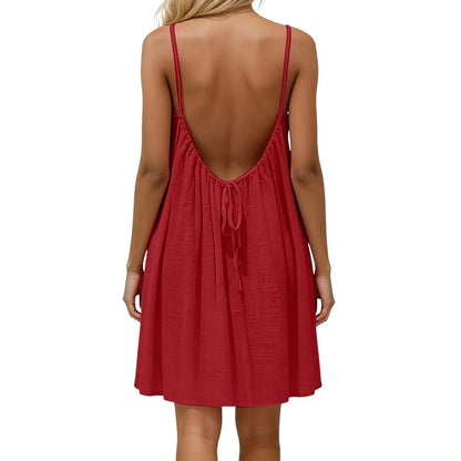 Red backless women's dress with thin straps and drawstring detail, perfect for summer fashion.