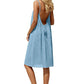 Light blue backless summer dress with thin straps and drawstring waist, women's fashion