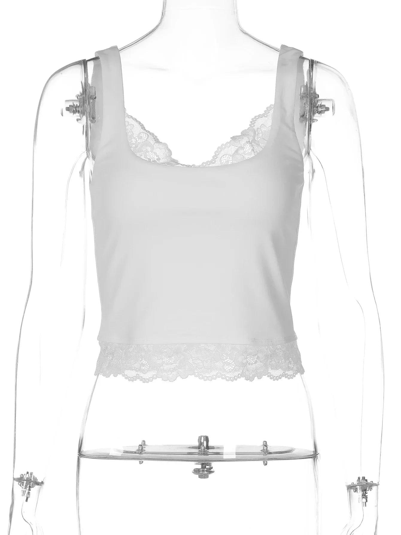 White lace-trim camisole tank top for women's fashion